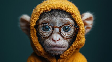 Wall Mural - A young monkey wearing glasses and a fuzzy yellow hoodie gazes inquisitively at the camera in a neutral background setting