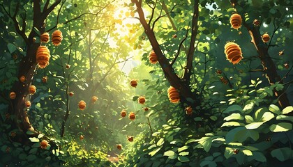 Wall Mural - Vibrant sunlit forest alive with buzzing bees and a bustling hive surrounded by lush greenery