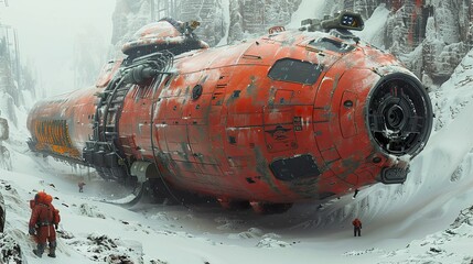 crashed spaceship in a snowy mountain landscape