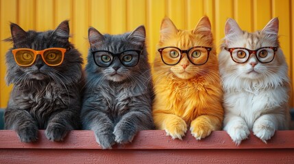 Canvas Print - Four stylish cats wearing glasses pose together in front of a vibrant yellow background during a sunny afternoon