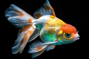 Sweet and Cute Goldfish Swimming in Freshwater Aquarium on Black Background