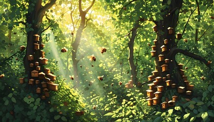 Wall Mural - Vibrant sunlit forest alive with buzzing bees and a bustling hive surrounded by lush greenery