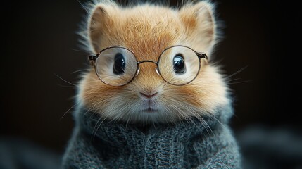 Sticker - A hamster wearing glasses and a cozy sweater poses adorably, showcasing its unique style and personality in a warm indoor setting