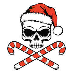 Skull with Santa Hat and Crossed Candy Canes Vector Illustration