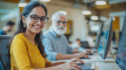 young indian woman and senior man working on computer