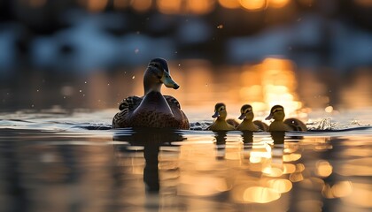 Wall Mural - Duck and ducklings glide peacefully over a serene lake under the soft hues of dusk