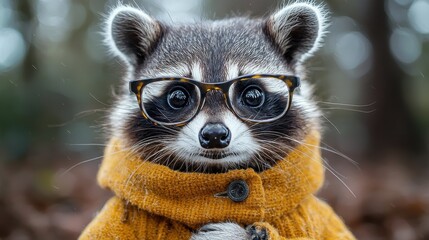 A raccoon wearing glasses and an orange sweater sits in the forest, capturing a playful moment in nature during autumn