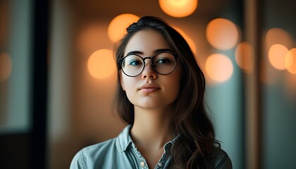 Confident young woman with glasses exudes intelligence and serene focus in modern interior with softly lit ambiance