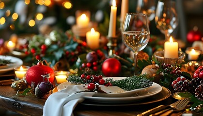 Elegant holiday table adorned with festive decorations, glowing candles, and a delightful assortment of treats for a celebratory feast.