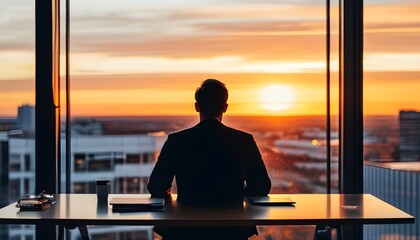 Wall Mural - Dedicated solitude in a modern workspace with a sunset backdrop illuminating focus and creativity