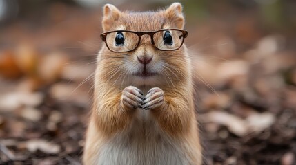 Wall Mural - A squirrel wearing glasses stands on its hind legs while holding its paws together in a natural environment during autumn