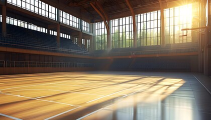 Wall Mural - Sunlit gymnasium interior with soft light illuminating the empty basketball court and hoop through large windows