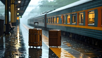 Canvas Print - Solitary suitcase on a rainy train platform, embodying travel and anticipation as a distant train approaches, signaling the journey ahead.