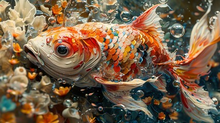 Colorful Goldfish with Bubbles in Water - Abstract Underwater Art