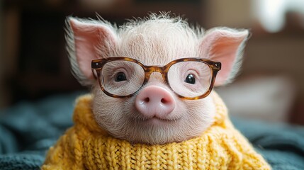 Wall Mural - A cute piglet wearing glasses and a sweater sits comfortably indoors on a cozy blanket in a soft-lit environment