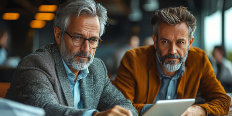 Canvas Print - Two middle-aged men discuss business while looking at a tablet.