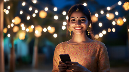 young indian woman using smartphone on lighting background