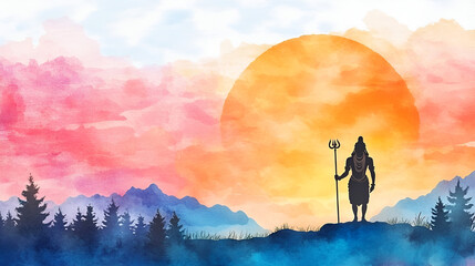 Silhouette of a lord shiva against a sunset background in watercolor style