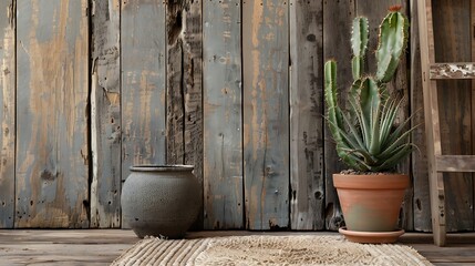 Wall Mural - Potted cactus on a rustic timber backdrop with a natural cotton thread mat carpeting