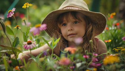 A young girl is sitting in a field of flowers, wearing a straw hat