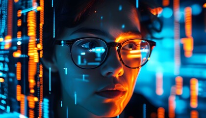 Wall Mural - Immersed in a futuristic world, an individual focuses on a digital interface through smart glasses amidst vibrant blue and orange illumination.