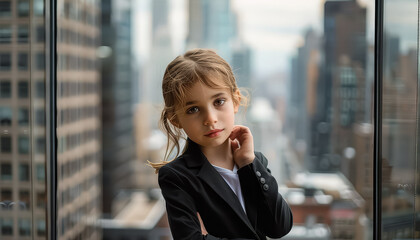 Sticker - A young girl is talking on a cell phone while standing in a building