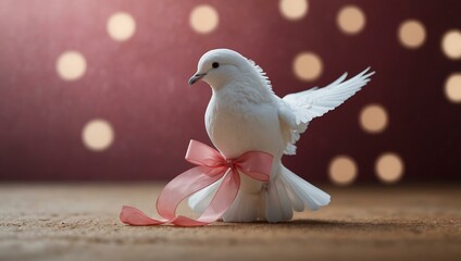 White dove with pink ribbon, symbolizing peace against pink bokeh.