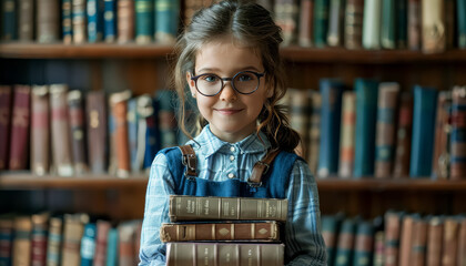 Wall Mural - A young girl is holding a stack of books in her arms