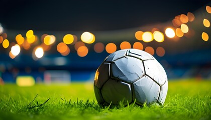 Football on lush grass illuminated by stadium lights, creating a dynamic bokeh effect that embodies the thrill of the game