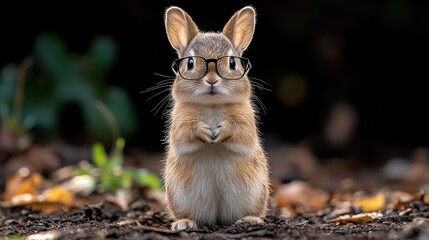 A curious bunny wearing glasses stands upright amidst autumn leaves in a peaceful forest setting