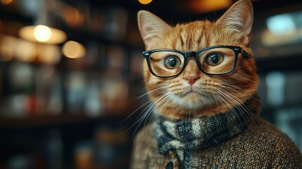 Wall Mural - A clever ginger cat wearing glasses and a scarf sits indoors, exuding charm in a cozy café atmosphere during the day