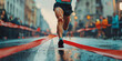 © Jaruwan photo - A runner crosses finish line in vibrant marathon, showcasing determination and speed amidst rainy backdrop. scene captures excitement and energy of event