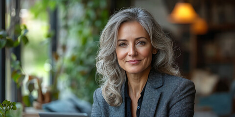 Canvas Print - Smiling woman with gray hair sitting in a cafe.