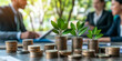 © Jaruwan photo - Investing in growth, this image showcases coins stacked with green plants emerging, symbolizing financial growth and sustainability. background features blurred professionals engaged in discussion, en