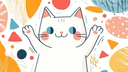 Wall Mural - Enjoy the whimsical charm of a joyful white cat, complete with a vibrant smile and playful doodles in the backdrop.