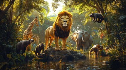 Wall Mural - a majestic lion stands proudly in a lush forest surrounded by various wildlife, including elephants,