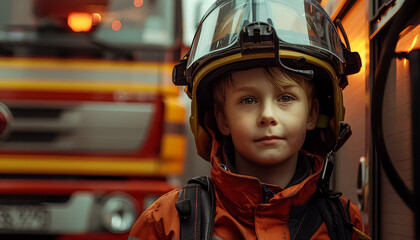 Sticker - A young boy wearing a firefighter's helmet and a red shirt is smiling