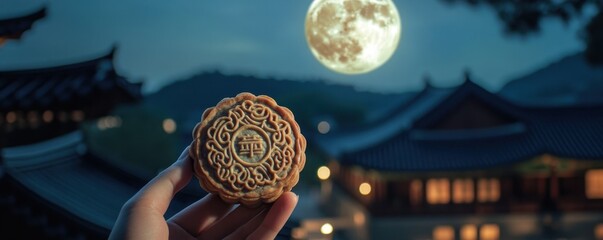 Mooncake on white plate with Full moon,old palace with full moon in night at old village seoul city korea background,tradition chinese mooncake,celebration Chinese translation Mid Autumn festival.