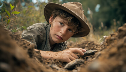 A young boy is looking at something in the dirt