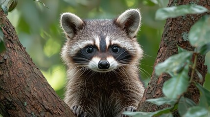 Wall Mural - a curious raccoon peering from a tree branch in a lush forest setting during the day