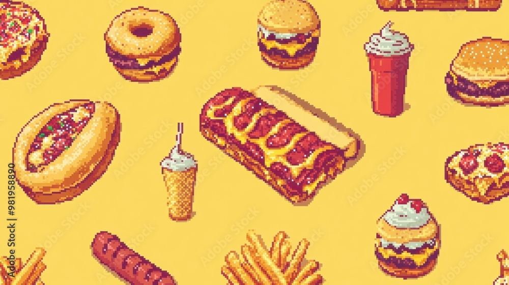 Pixel Art Fast Food Vector Set with Burger,pizza,Soda,Ice Cream,Hot Dog ...