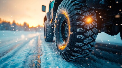 Wall Mural - Winter Road Adventure Close-Up View of a 4x4 Tire Traversing a Snowy Path During Scenic Sunset