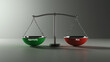 © AiiNa - A 3D model of a balanced decision-making scale: one pan with 'Opportunity' in green and the other pan with 'Risk' in red. The scale is positioned on a simple, smooth surface with a neutral backdrop.