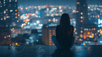 Sticker - Lonely girl sitting in rain, looking at city at night - mental health 