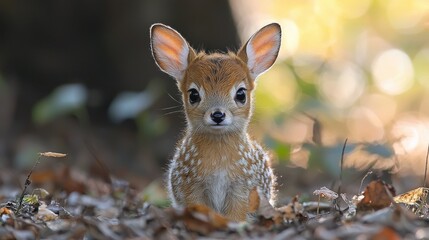 A young fawn gazes curiously while resting among fallen leaves in a sunlit forest setting during early autumn