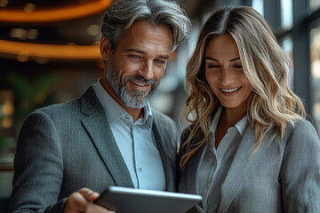 Sticker - A man and a woman smiling and looking at a tablet.