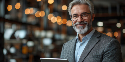 Sticker - Smiling businessman in a blazer looks at the camera holding a tablet.