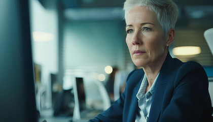 Wall Mural - A woman in a business suit is looking at a computer monitor