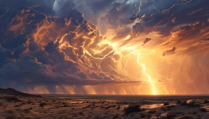 Dramatic lightning storm illuminating a vast desert landscape under a tumultuous sky