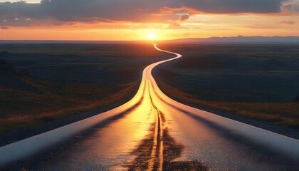 Wall Mural - serene cinematic landscape featuring a long winding road stretching towards a distant horizon under a vibrant sky